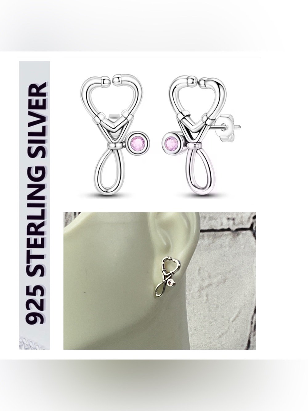 🌟🌟 S925Sterling Silver Stethoscope Stud Earrings - Medical Heart Design